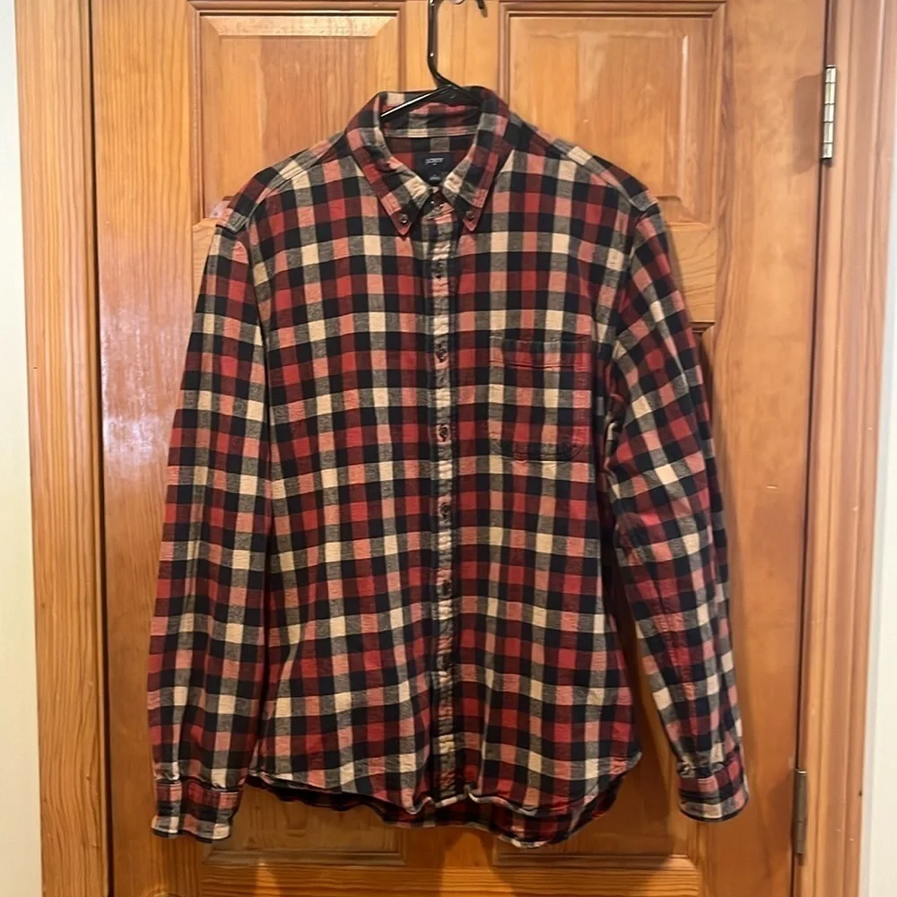 J.Crew men’s plaid button down shirt with elbow patches size large.